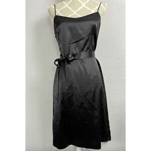 Teri Jon by Rickie Freeman Slip Dress Womens 12 Black Belted Satin Midi Gown
